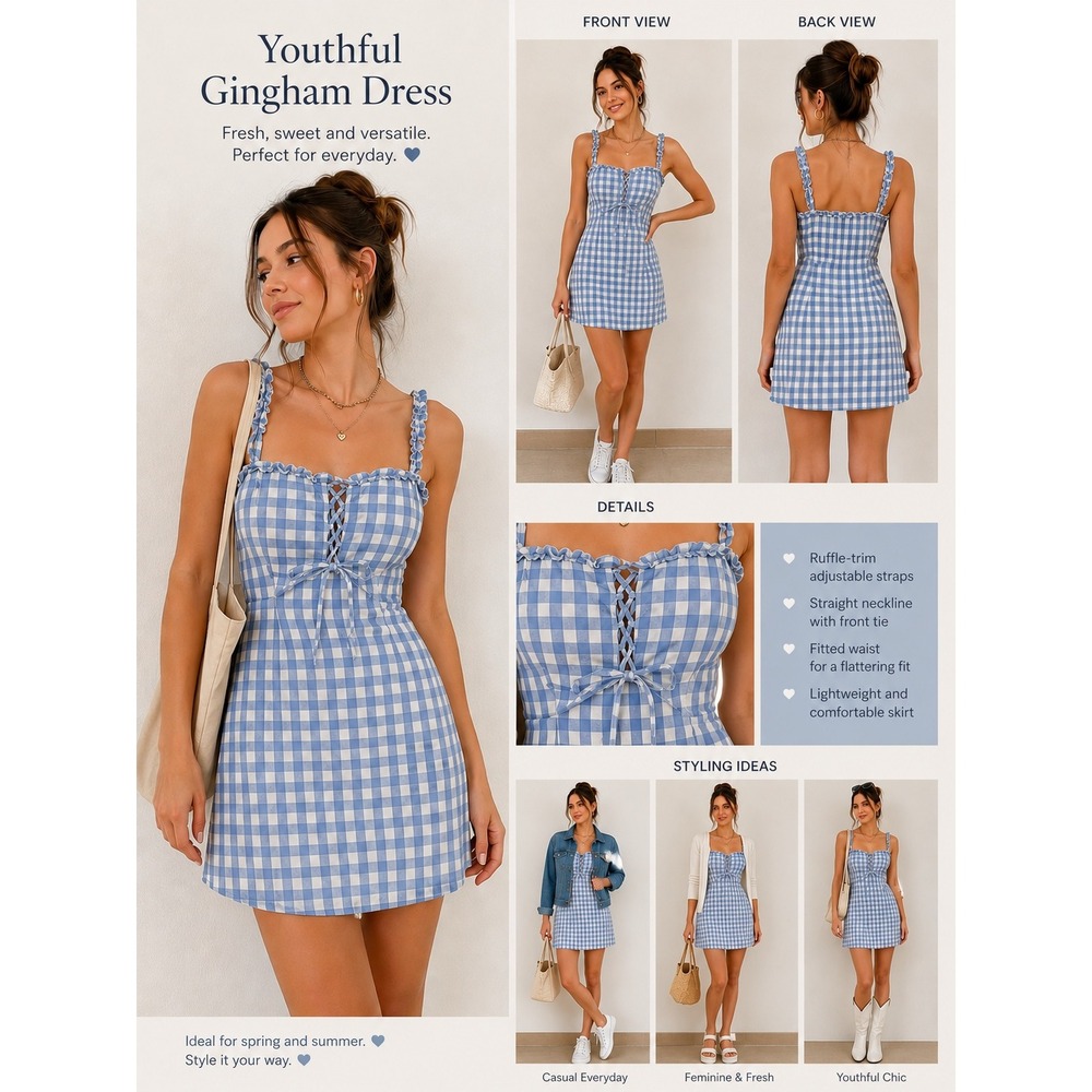 Hesperus Dress Girl Blue Gingham Lace Up Mini Dress Cottagecore Smocked Back L